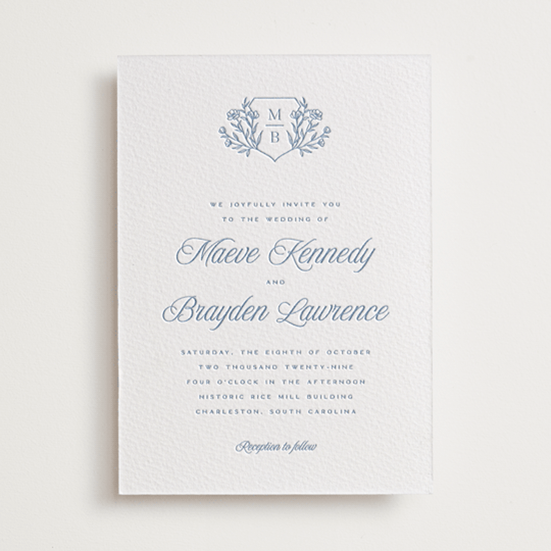 "Blue Crest" - Letterpress Wedding Invitations in Provincial Blue by Hooray Creative - Front