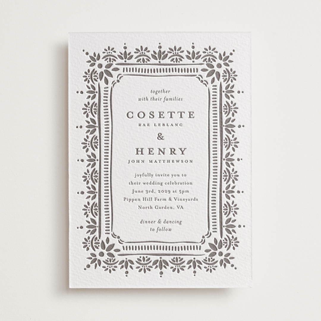 "Cosette" - Letterpress Wedding Invitations in Graphite by Melanie Kosuge - Front