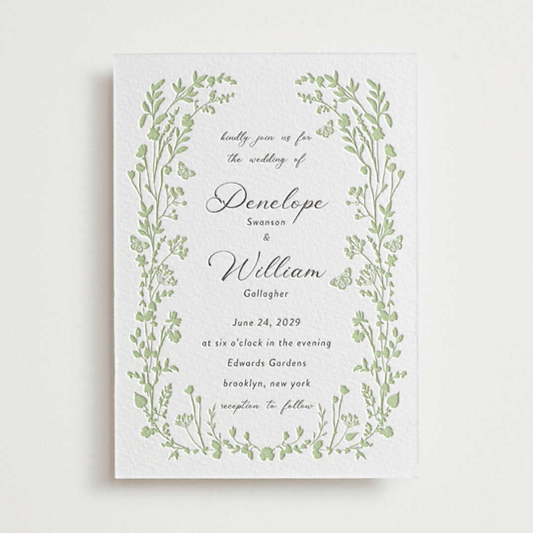 "Flower Garden" - Letterpress Wedding Invitations in Tea Green by Susan Moyal - Front