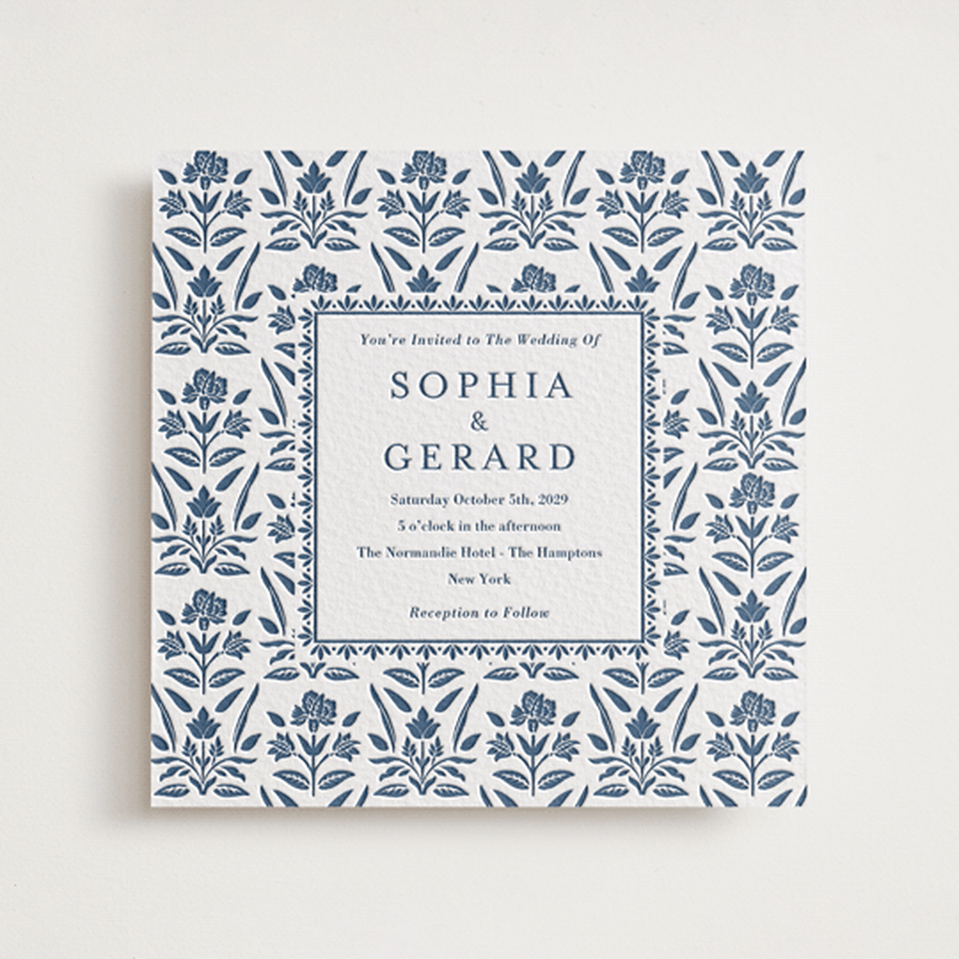 "Pressed Motif" - Letterpress Wedding Invitations in Indigo by Oma N. Ramkhelawan - Front