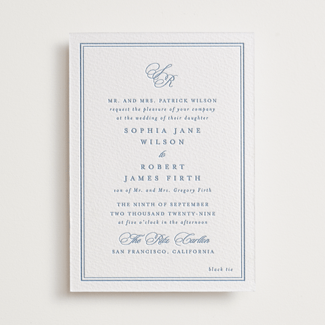 "Posh" - Letterpress Wedding Invitations in Provincial Blue by Creo Study - Front