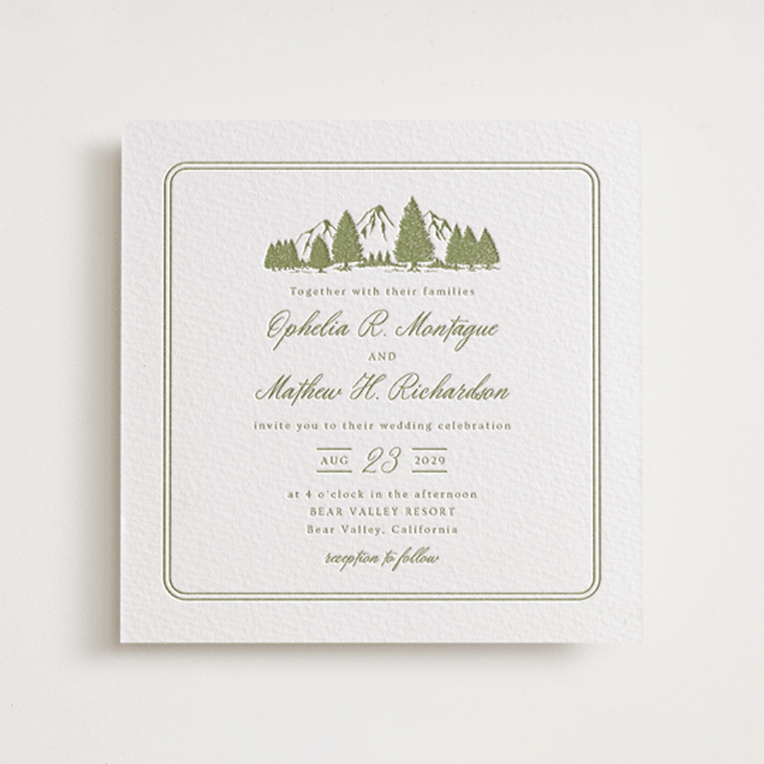 "Summit Meadows" - Letterpress Wedding Invitations in Pistachio by Ana Sharpe - Front