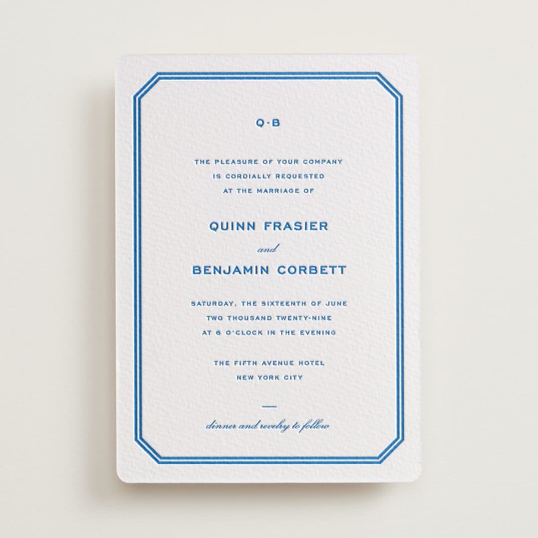 "Brasserie" - Letterpress Wedding Invitations in Sapphire by Megan Davis - Front