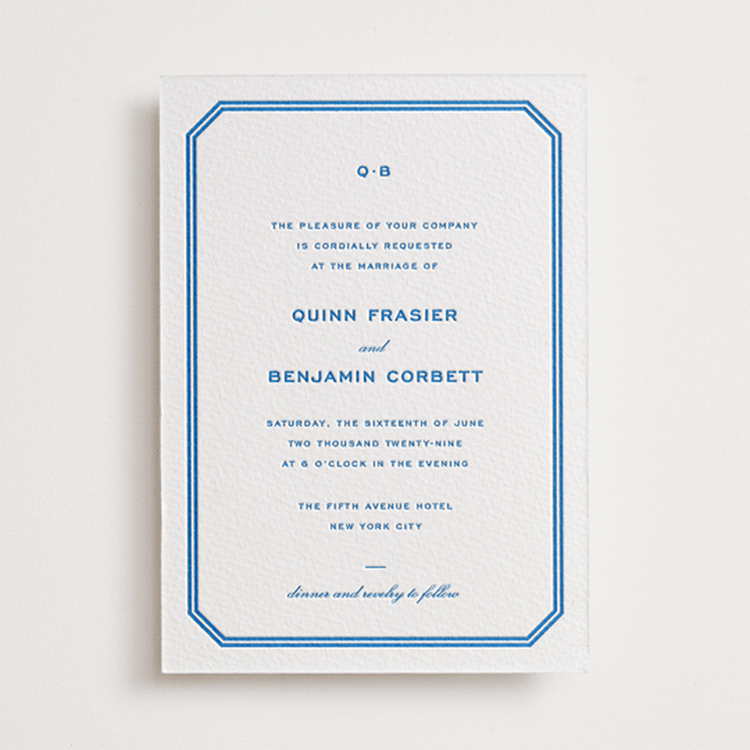"Brasserie" - Letterpress Wedding Invitations in Sapphire by Megan Davis - Front