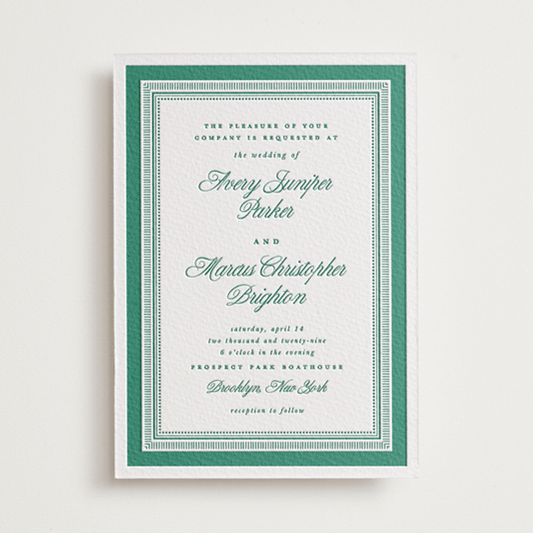 "Archer" - Letterpress Wedding Invitations in Cucumber by Kelly Watkins - Front