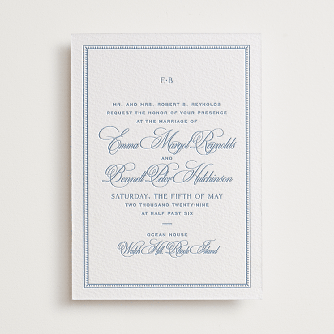 "Maison" - Letterpress Wedding Invitations in Provincial Blue by Megan Davis - Front