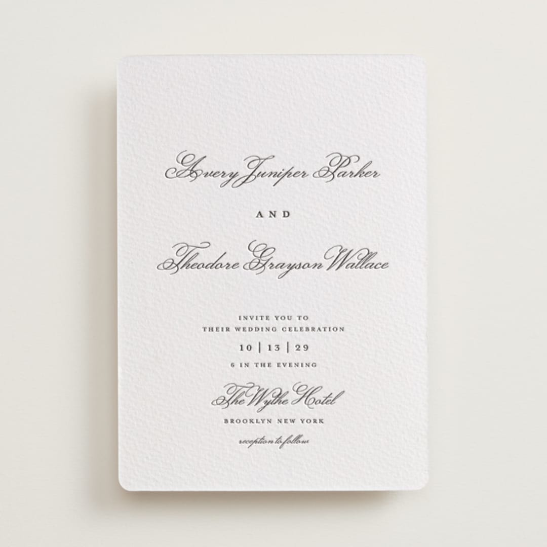 "Bliss" - Letterpress Wedding Invitations in Soft Black by Kelly Watkins - Front
