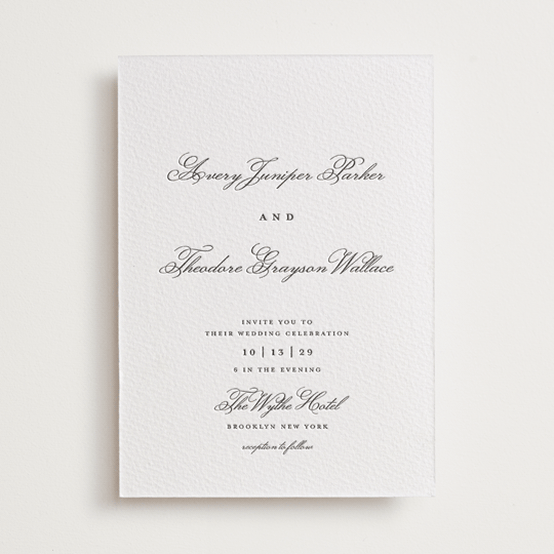 "Bliss" - Letterpress Wedding Invitations in Soft Black by Kelly Watkins - Front