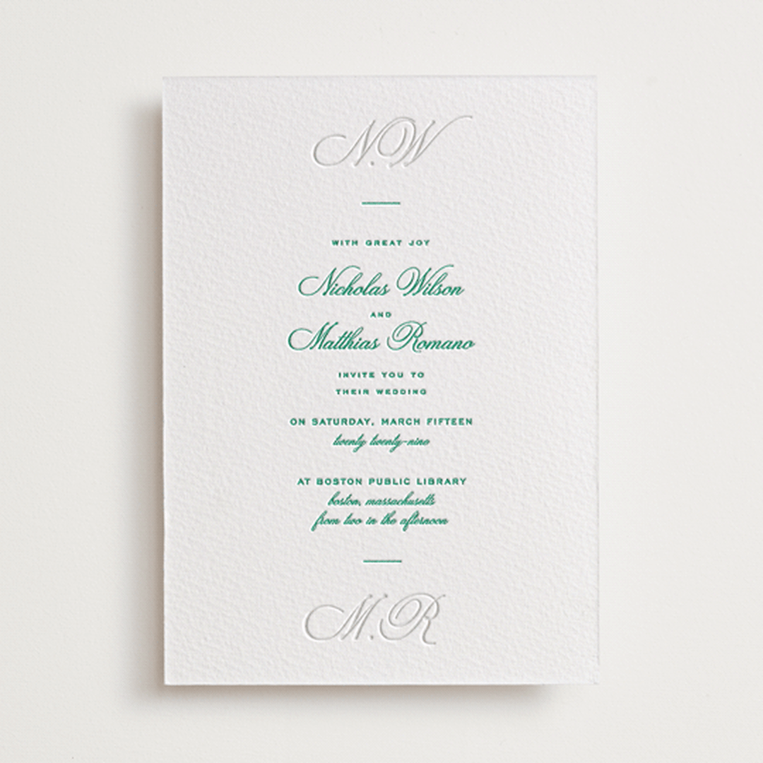 "Keepsake" - Letterpress Wedding Invitations in Shamrock by Blustery August - Front