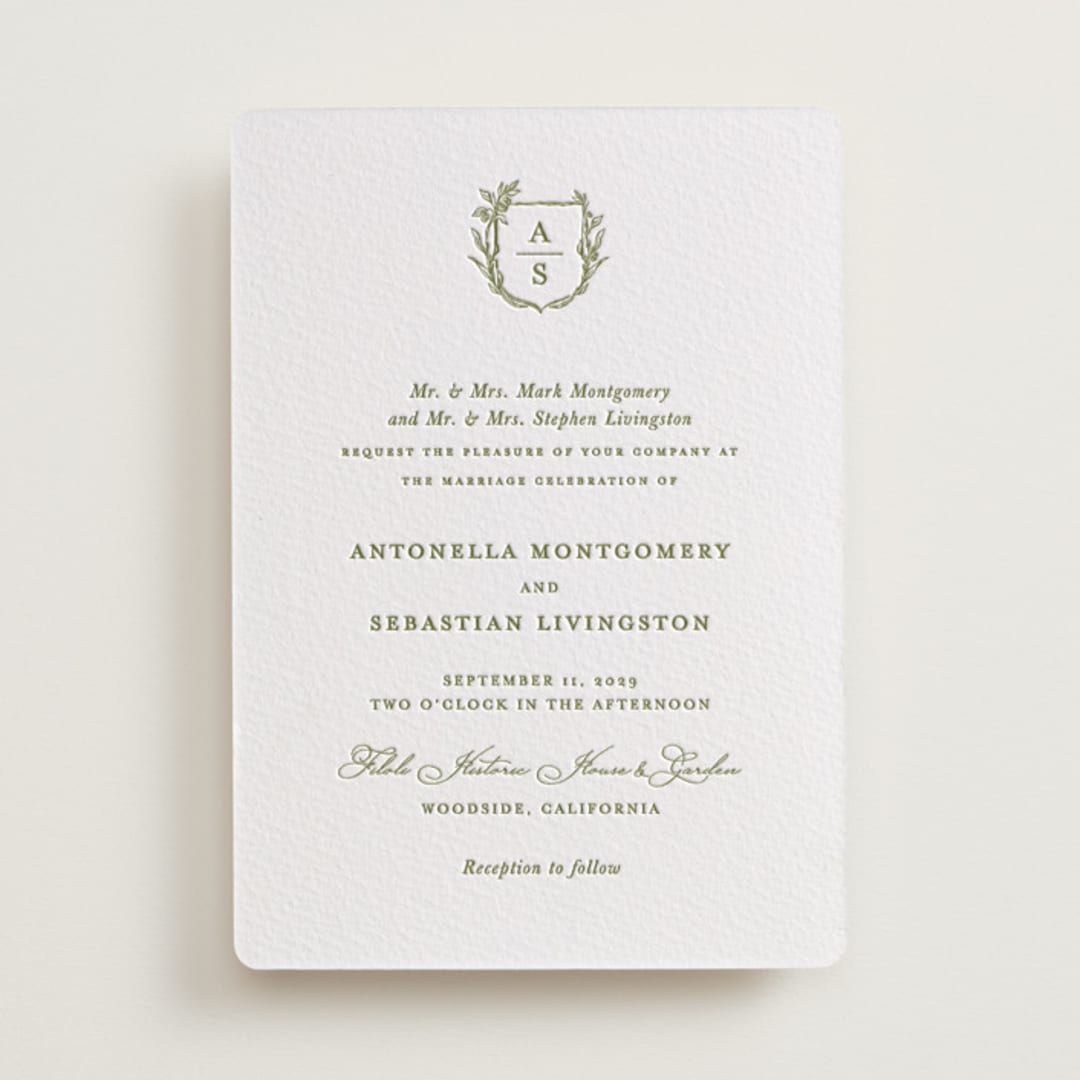 "Botanical Crest" - Letterpress Wedding Invitations in Pistachio by Lucrecia Caporale - Front