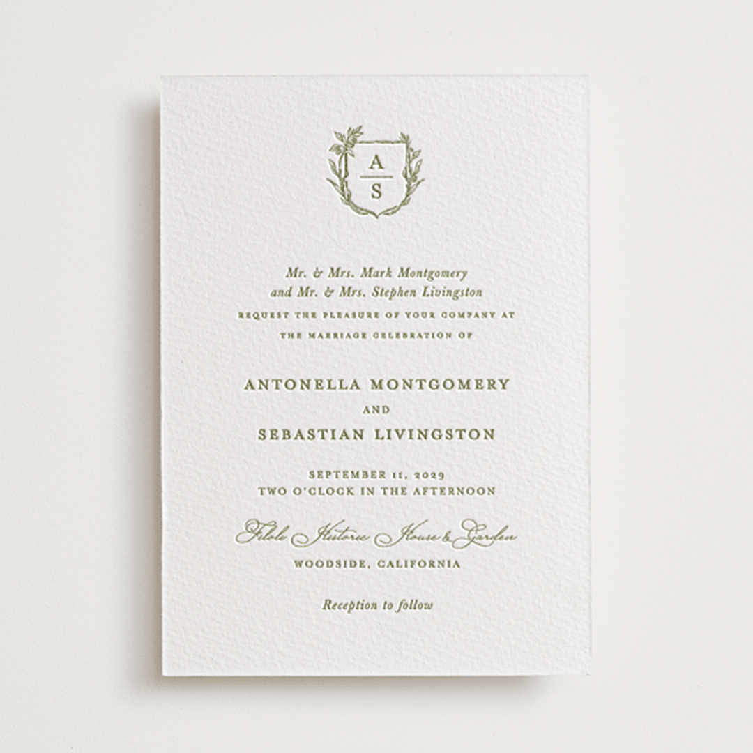 "Botanical Crest" - Letterpress Wedding Invitations in Pistachio by Lucrecia Caporale - Front