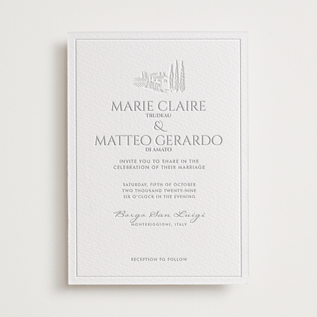 "Vigneto" - Letterpress Wedding Invitations in Matte Silver by MG Patternbox - Front