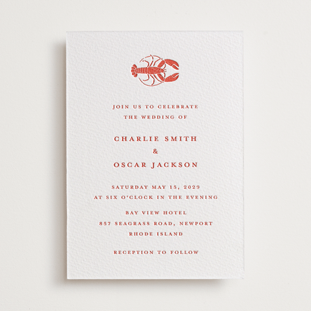 "lobster" - Letterpress Wedding Invitations in Neon Orange by Pippa Shaw - Front