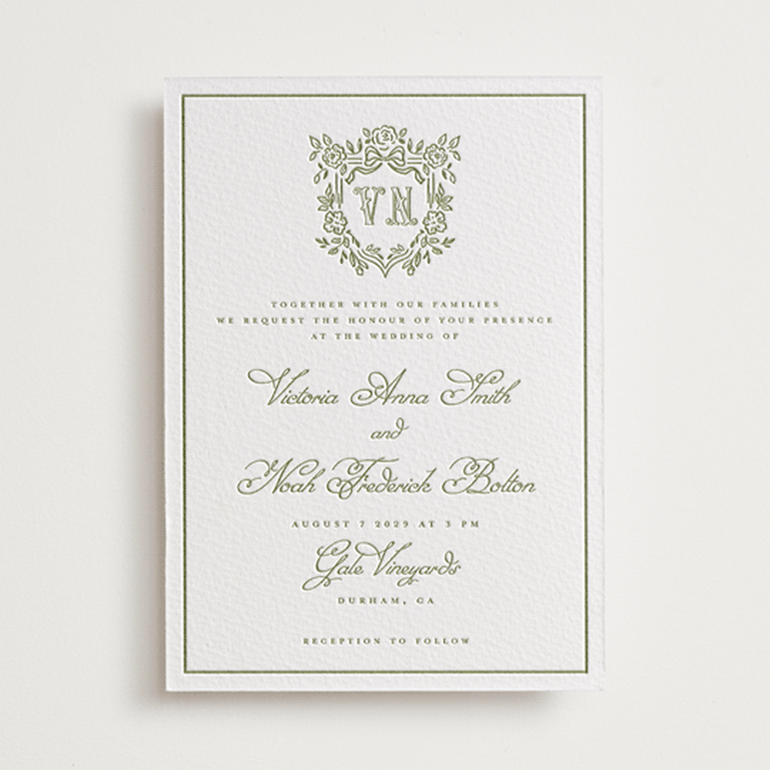 "Crestino" - Letterpress Wedding Invitations in Pistachio by Petra Kern - Front