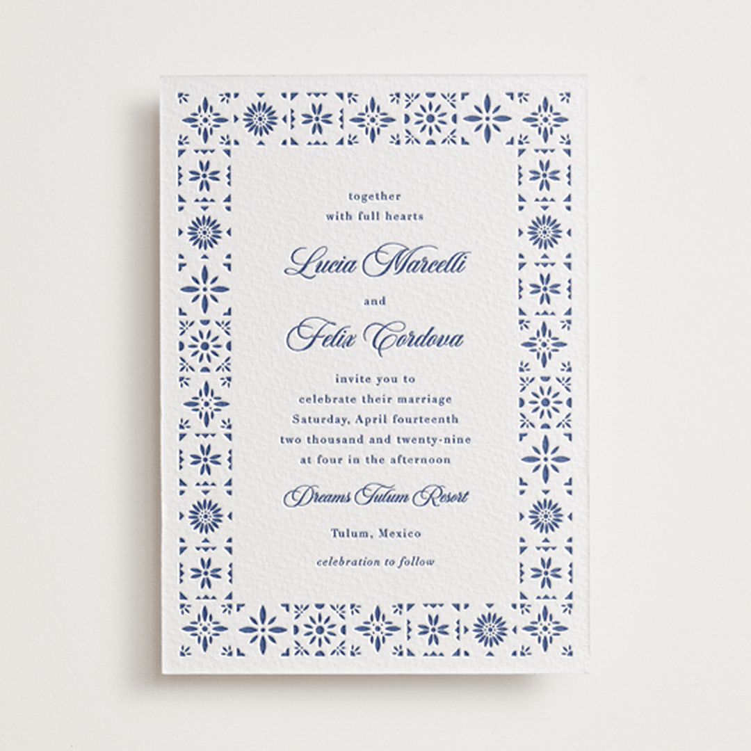 "Talavera Tiles" - Letterpress Wedding Invitations in Lapis by Olivia Raufman - Front