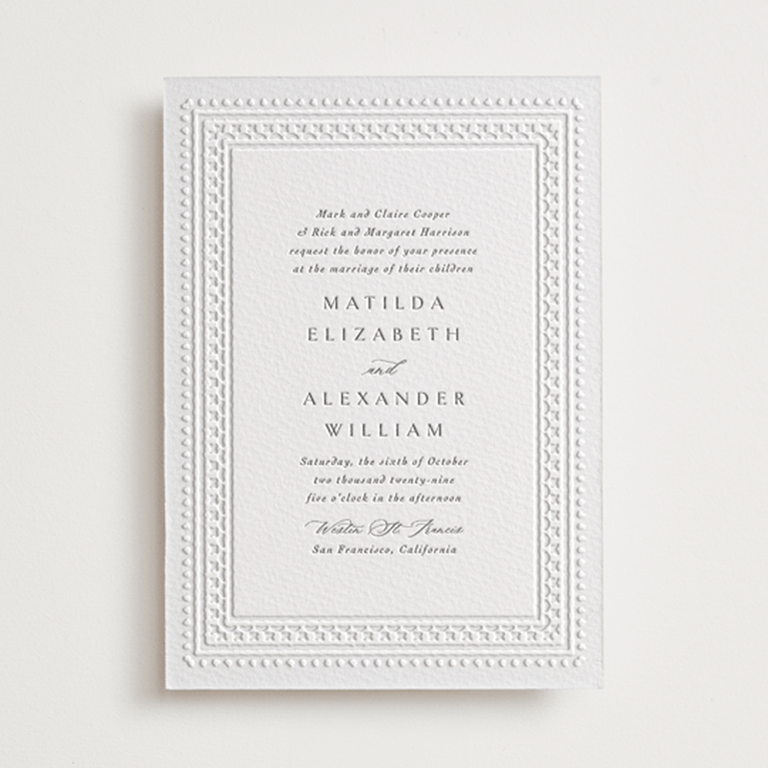 "Heirloom Needlework" - Letterpress Wedding Invitations in Gravel by Meggy Masters - Front