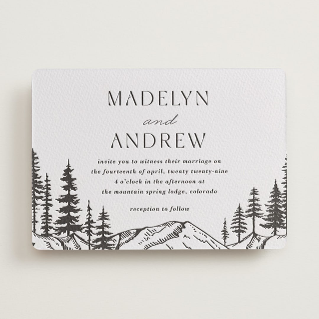 "Mountain Pines" - Letterpress Wedding Invitations in Soft Black by Winston Latchman - Front