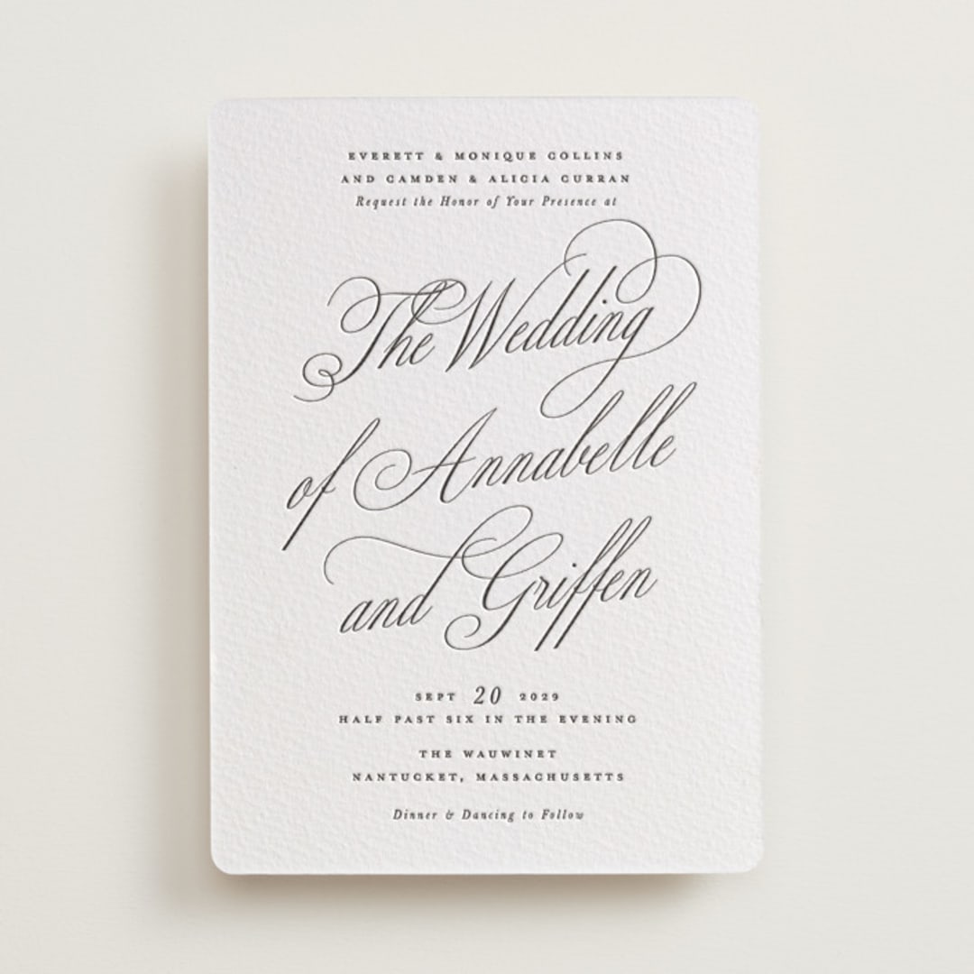 "Romantic Script" - Letterpress Wedding Invitations in Soft Black by Susan Zinader - Front