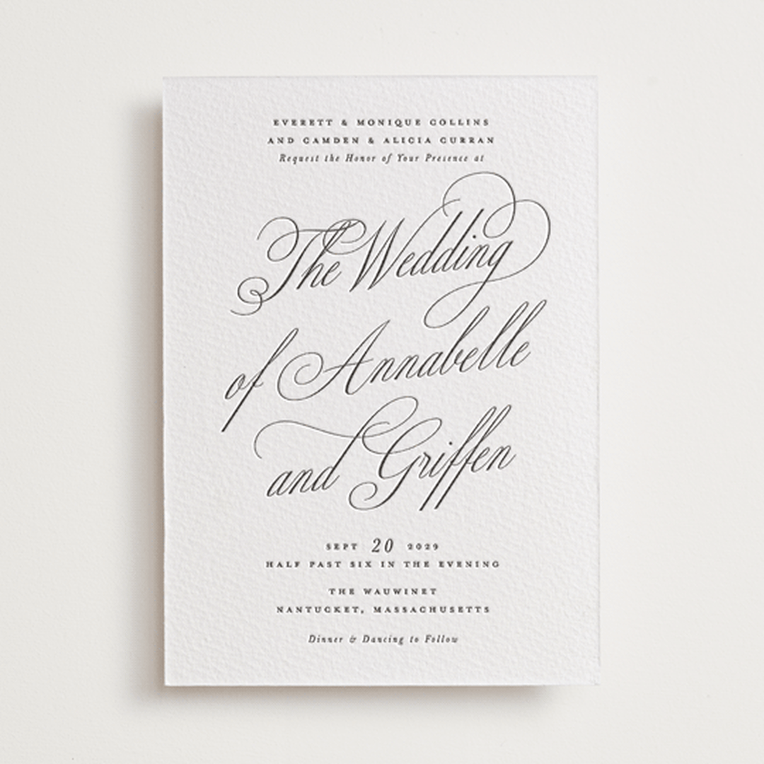 "Romantic Script" - Letterpress Wedding Invitations in Soft Black by Susan Zinader - Front