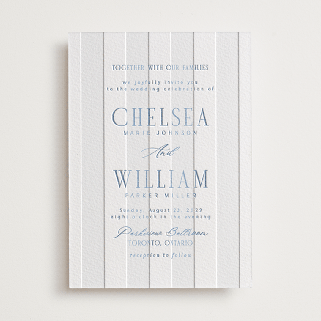 "Subtle Stripes" - Letterpress Wedding Invitations in Provincial Blue by Nicole Walsh - Front