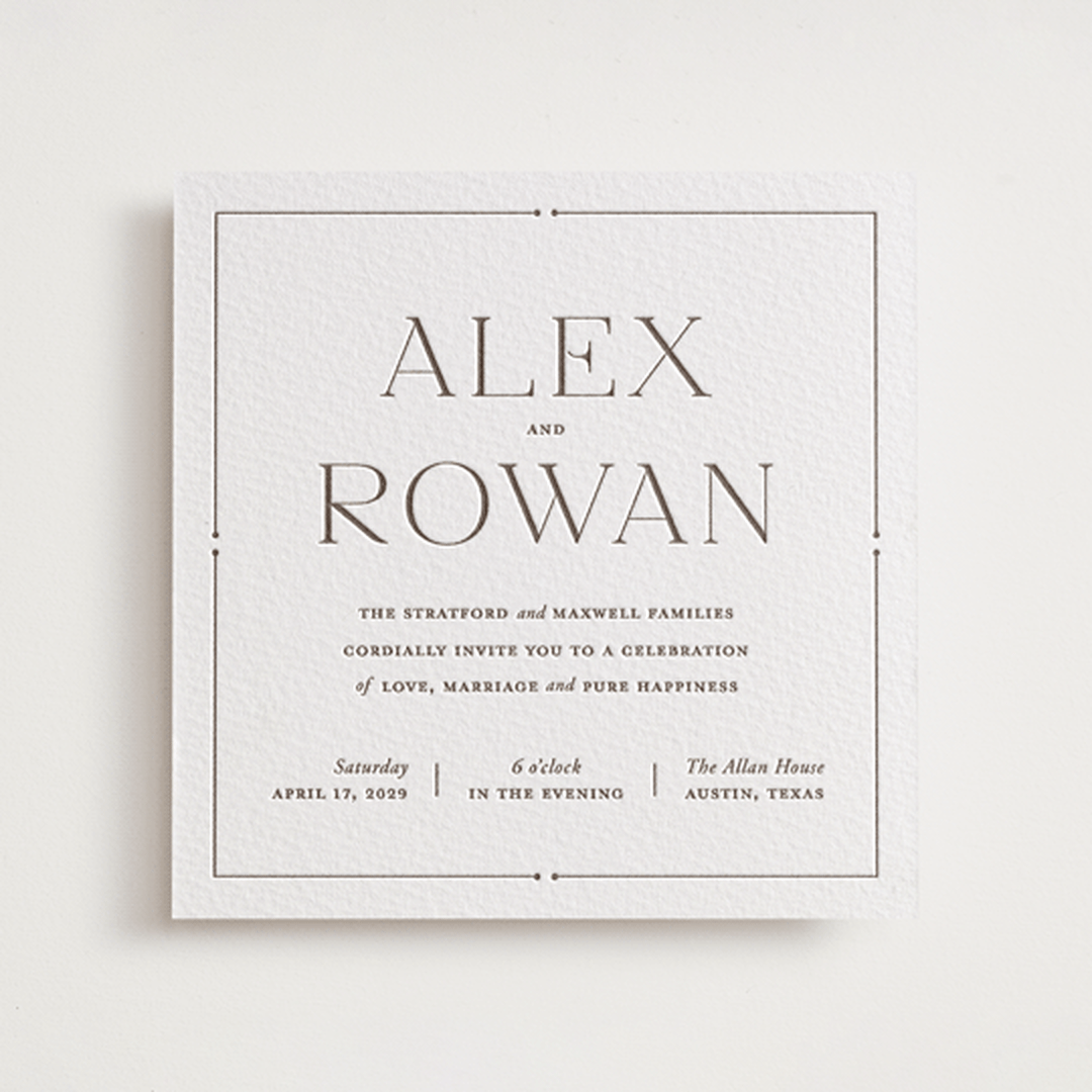 "Quiet Luxury" - Letterpress Wedding Invitations in Coffee by Oscar and Emma - Karly Depew - Front