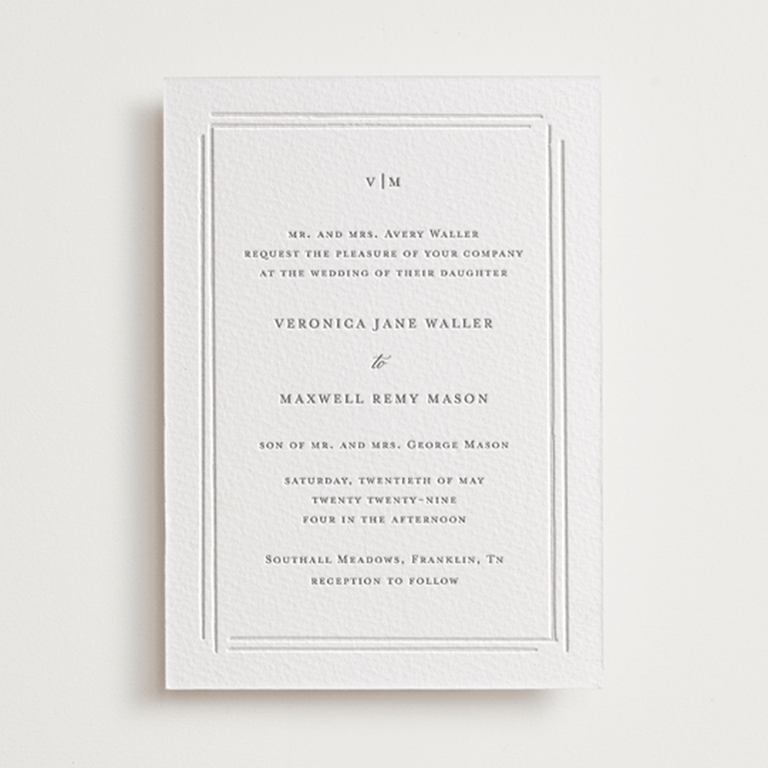 "Clarion" - Letterpress Wedding Invitations in Gravel by Jelena Vuletic - Front