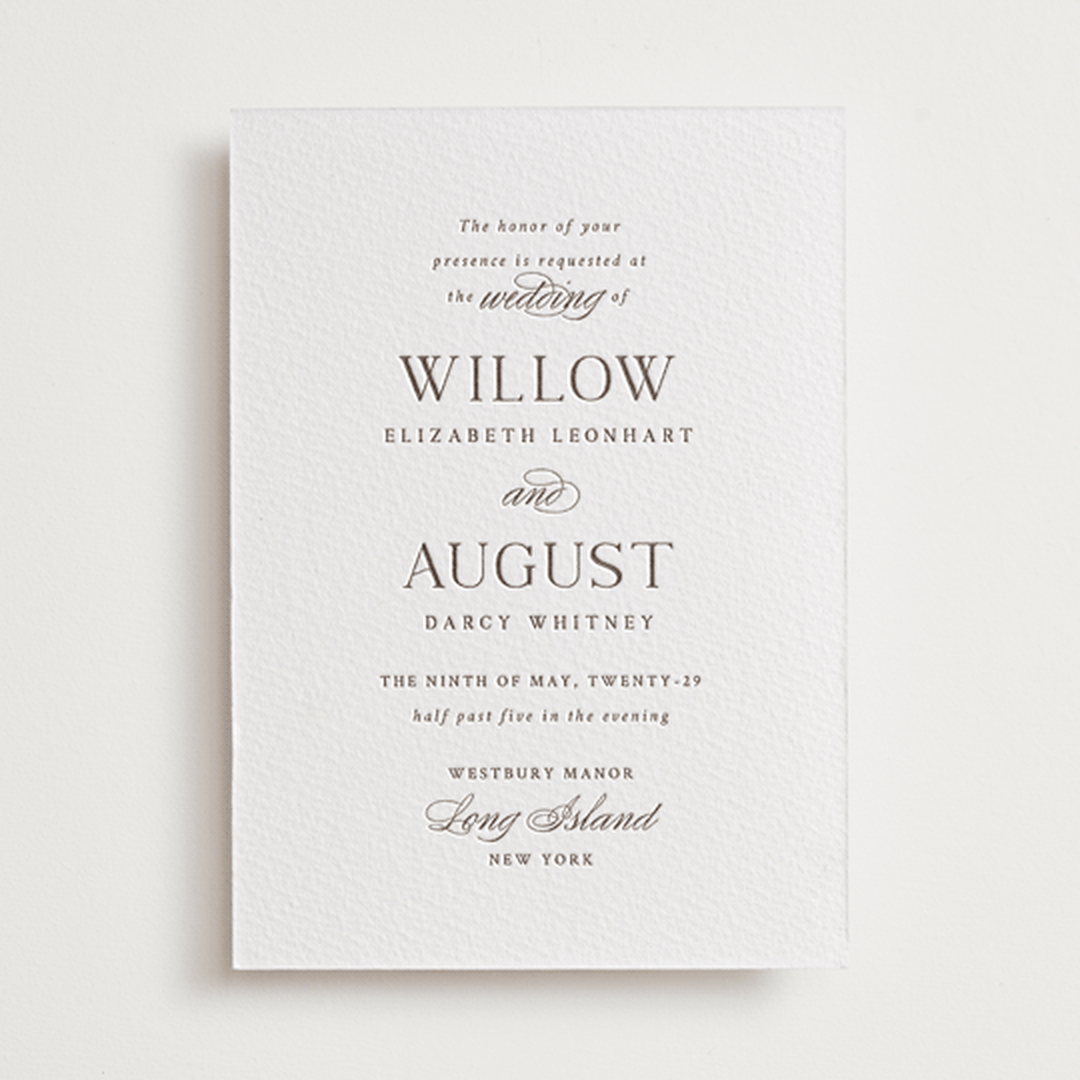 "Willow" - Letterpress Wedding Invitations in Coffee by Snow and Ivy - Front