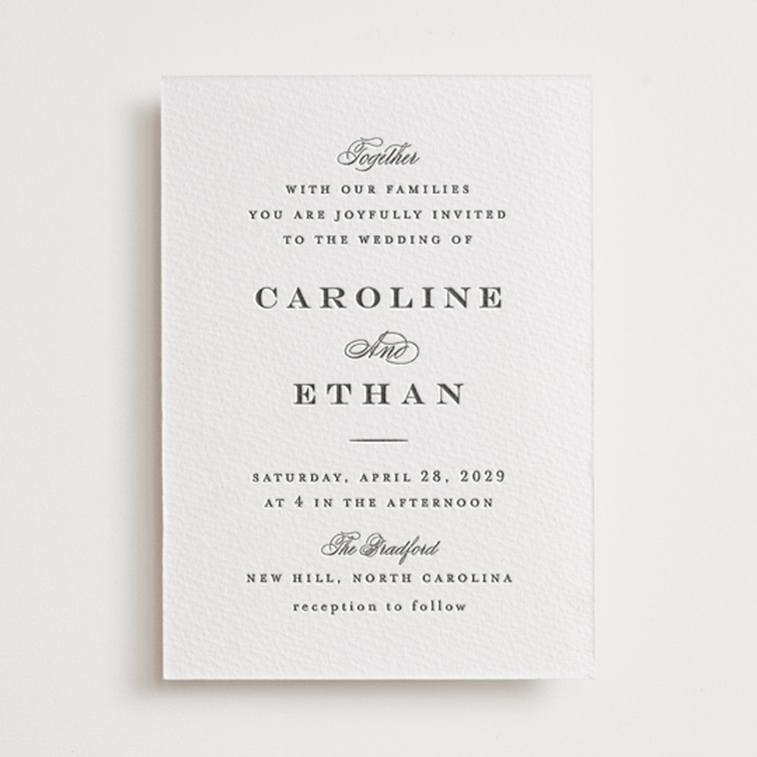 "Proper" - Letterpress Wedding Invitations in Soft Black by Carolyn MacLaren - Front