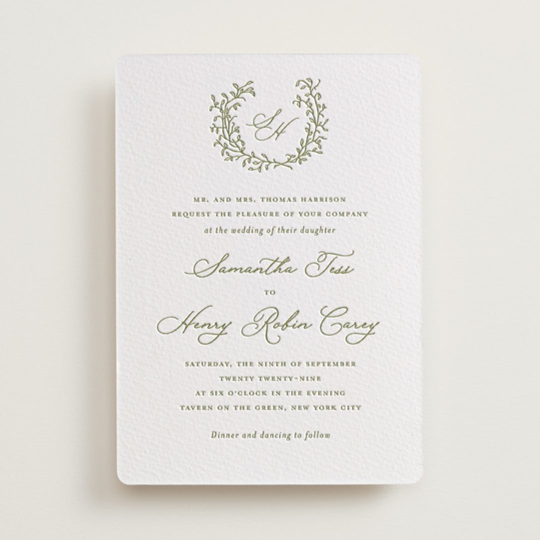 "Garden Script" - Letterpress Wedding Invitations in Pistachio by Katherine Moynagh - Front