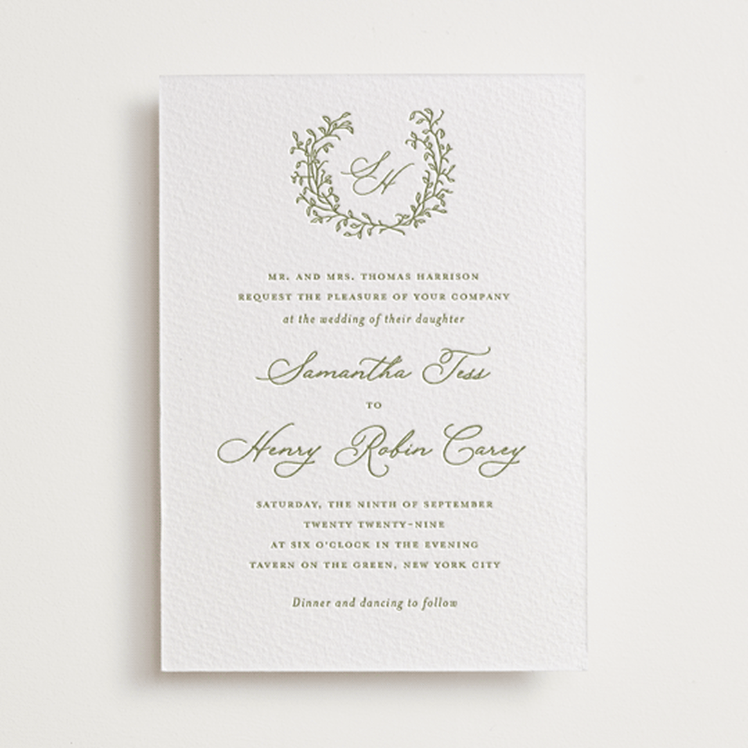 "Garden Script" - Letterpress Wedding Invitations in Pistachio by Katherine Moynagh - Front