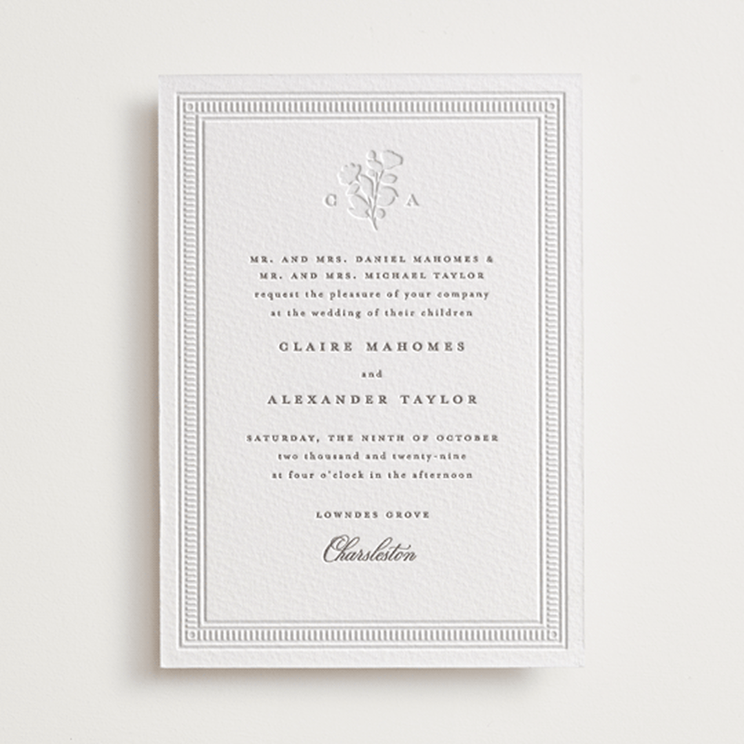 "Heirloom" - Letterpress Wedding Invitations in Graphite by Creo Study - Front