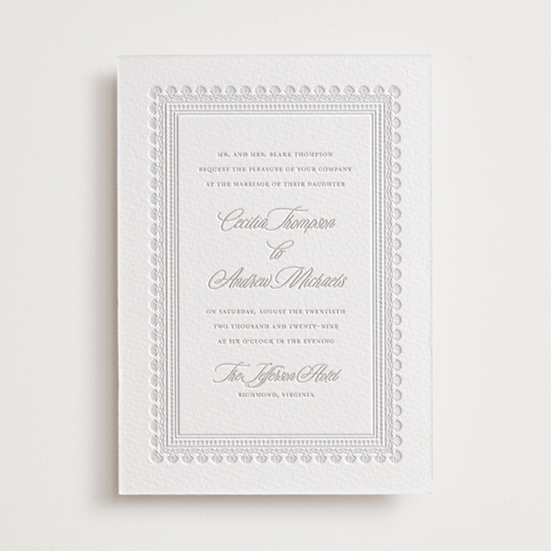 "Shell Border" - Letterpress Wedding Invitations in Dove Grey by Vera Lim - Front