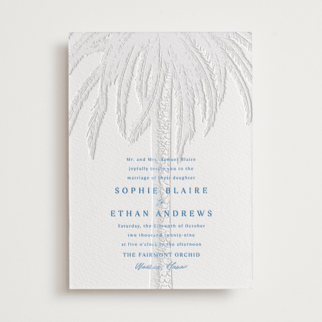 "Palm Tree" - Letterpress Wedding Invitations in Sapphire by Kaydi Bishop - Front