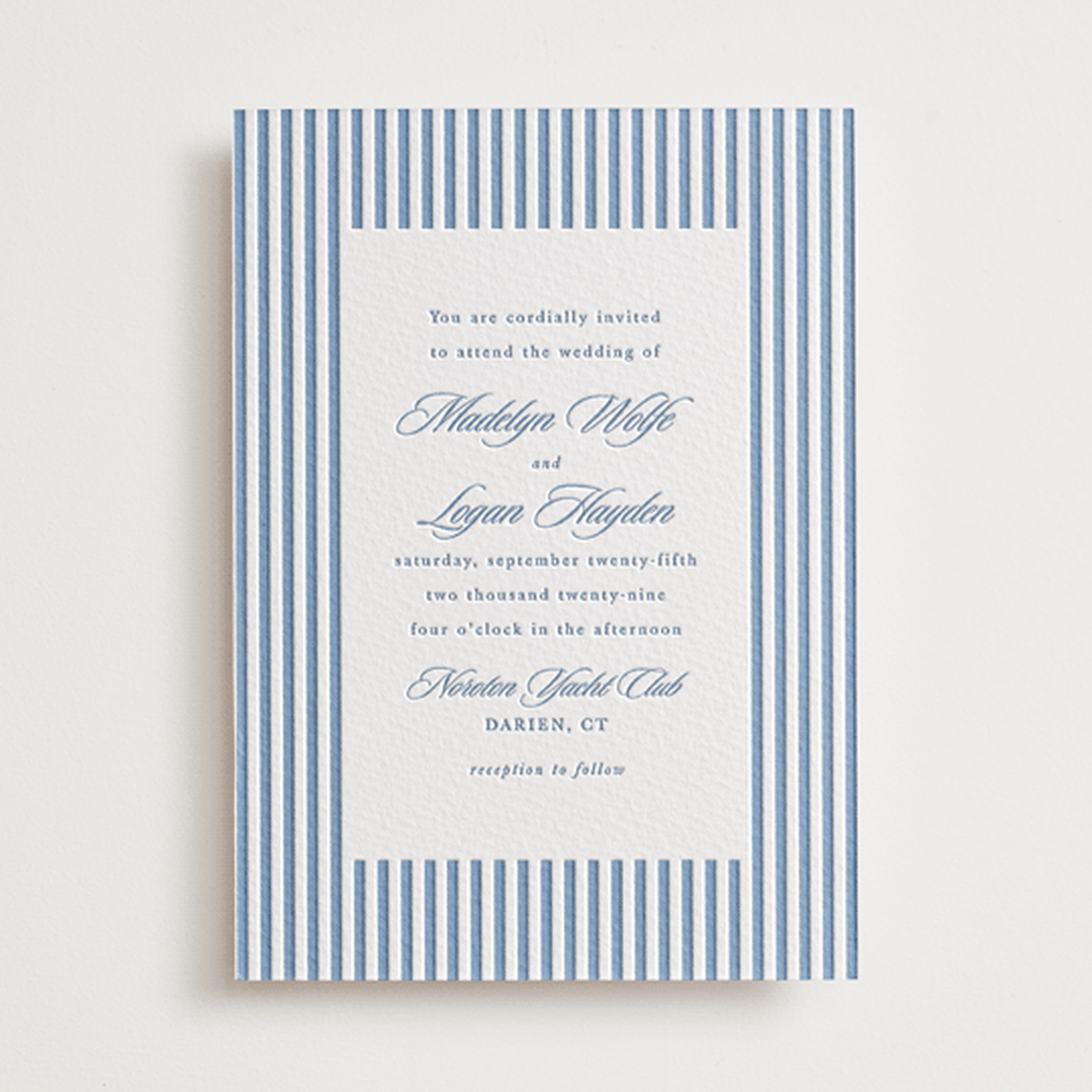 "Catamaran" - Letterpress Wedding Invitations in Provincial Blue by Morgan Kendall - Front
