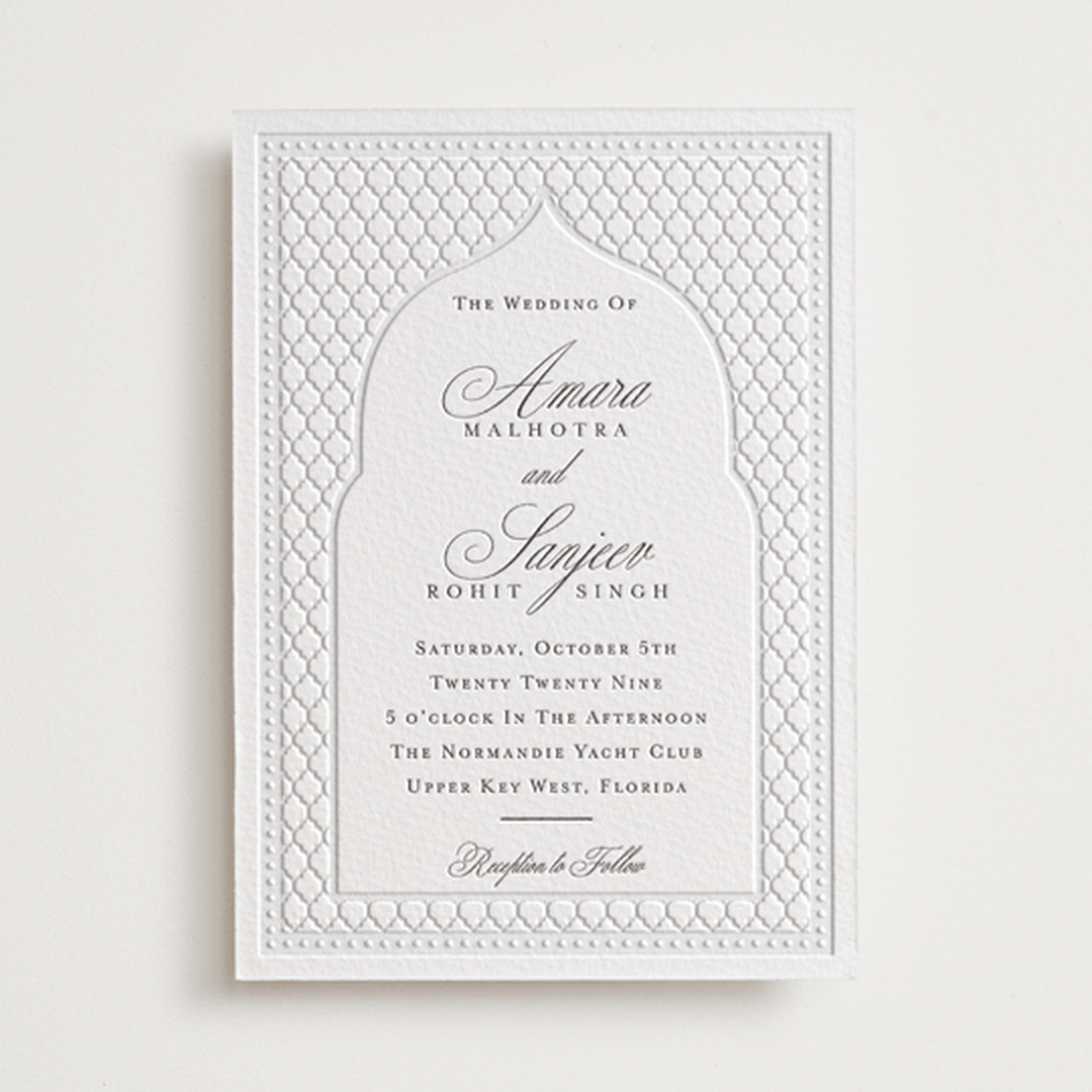 "Kamal" - Letterpress Wedding Invitations in Soft Black by Oma N. Ramkhelawan - Front