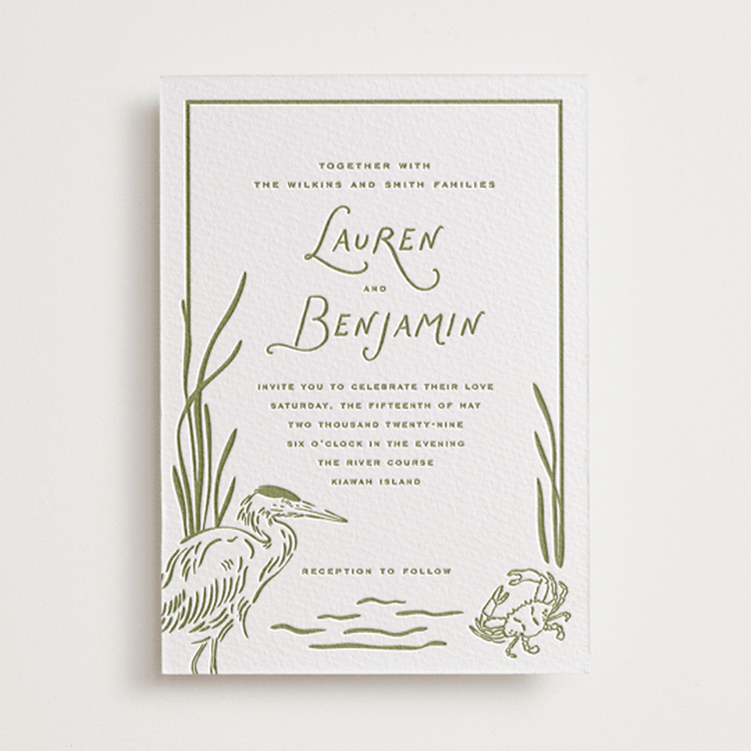 "Marshland" - Letterpress Wedding Invitations in Pistachio by Oscar and Emma - Karly Depew - Front