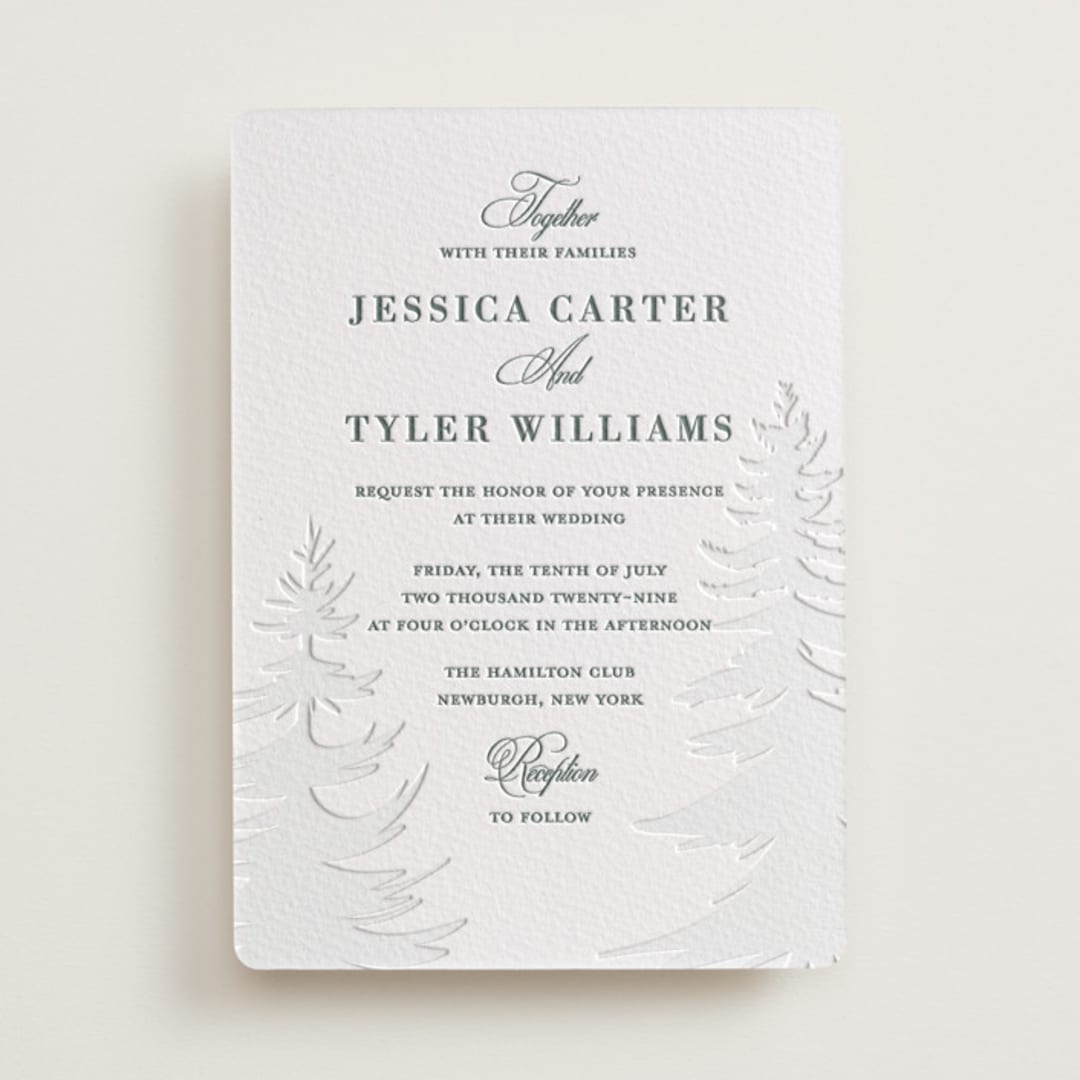 "Evergreen" - Letterpress Wedding Invitations in Stone by Teju Reval - Front