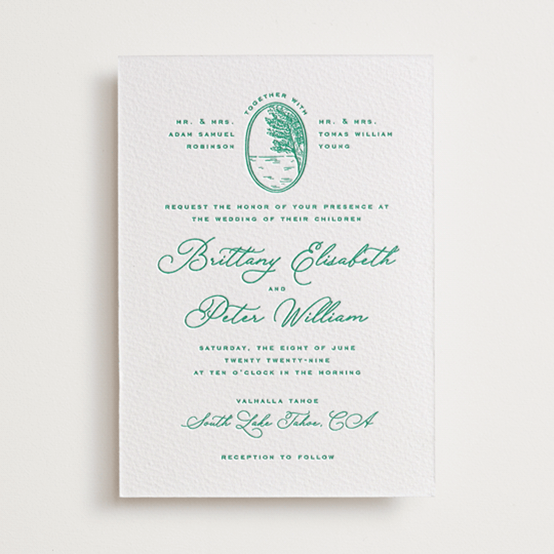 "Lakeview" - Letterpress Wedding Invitations in Shamrock by Claudia Orengo - Front
