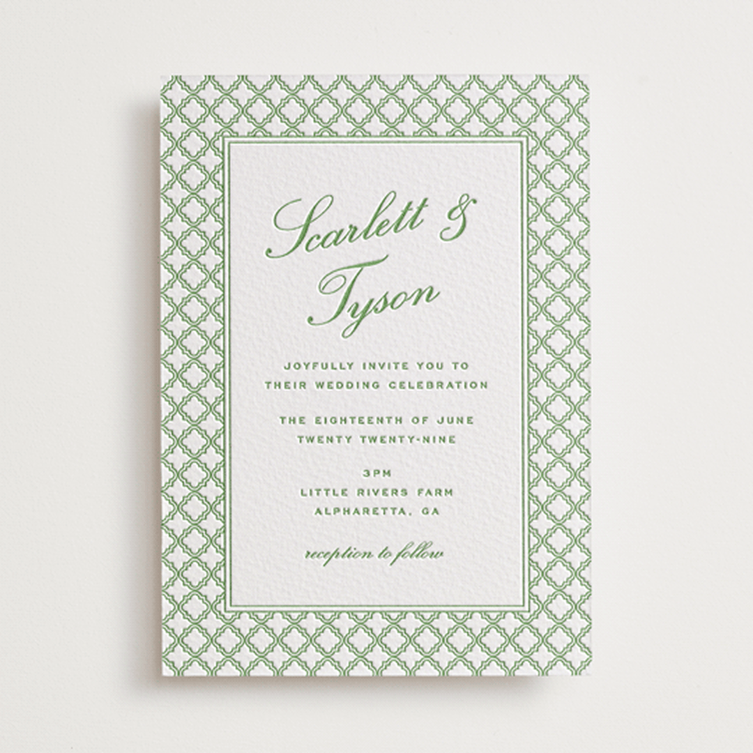 "Garden Trellis" - Letterpress Wedding Invitations in Pear by Angela Garrick - Front