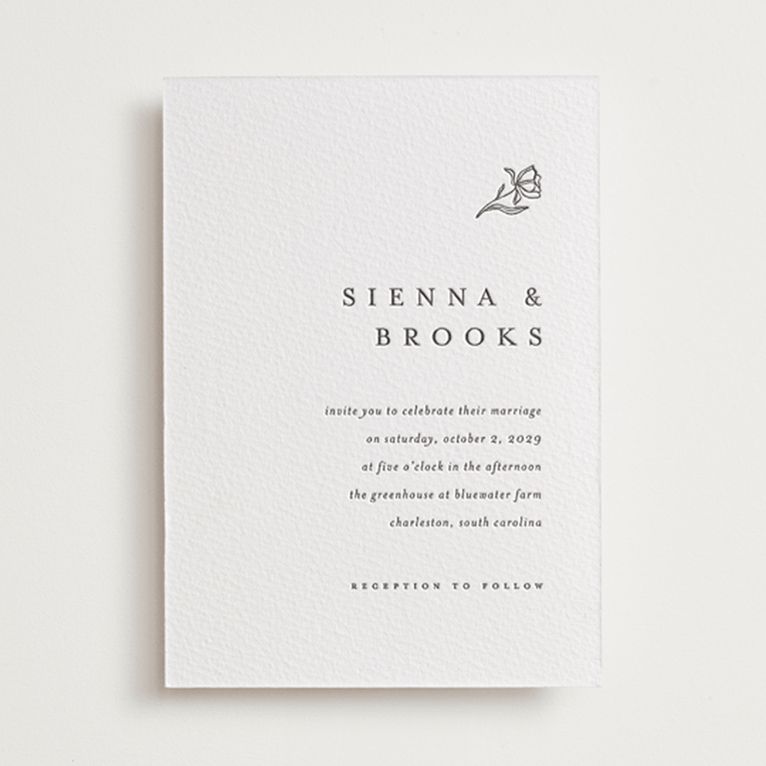 "Floral Cascade" - Letterpress Wedding Invitations in Soft Black by Pixel and Hank - Front