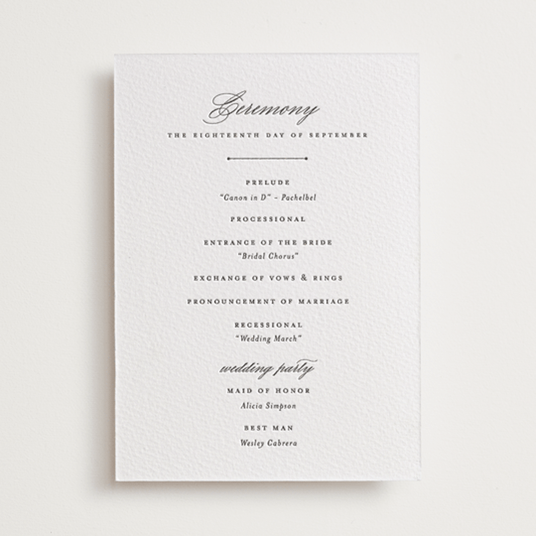 "classic composition" - Letterpress Wedding Programs in Soft Black by Olivia Raufman - Front