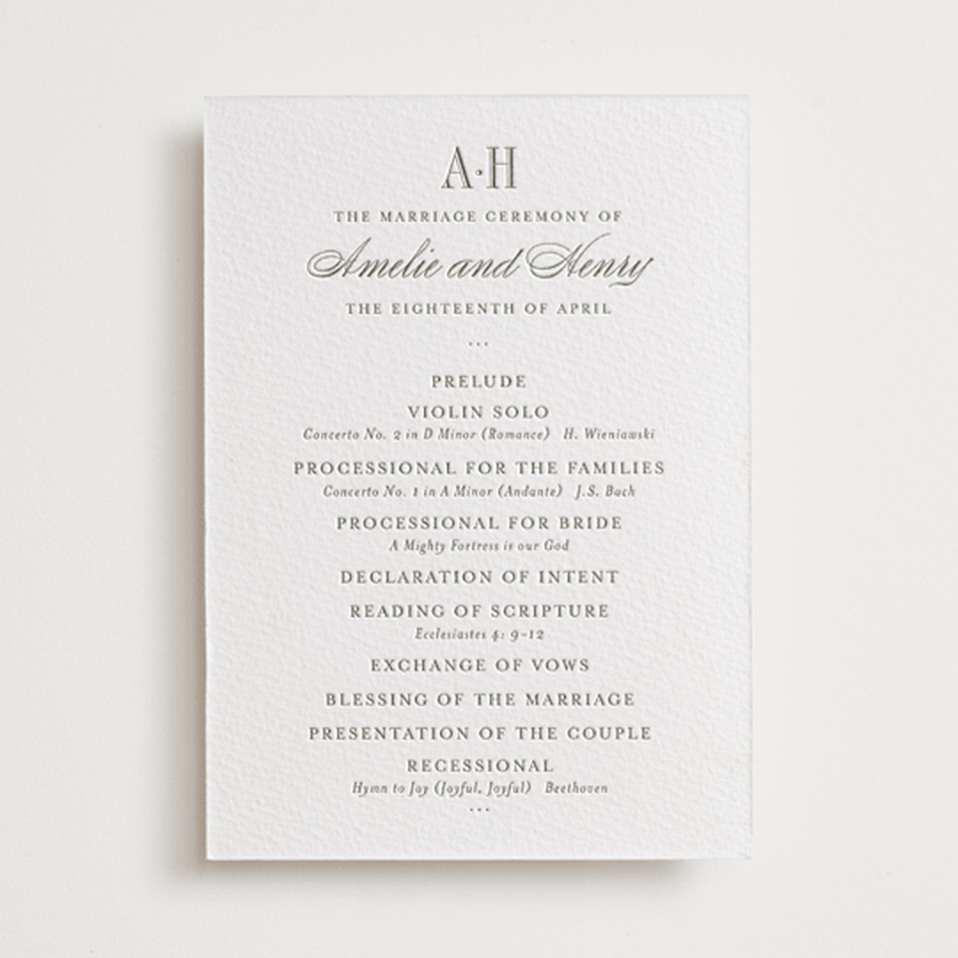 "Hepburn" - Letterpress Wedding Programs in Moss by Megan Davis - Front