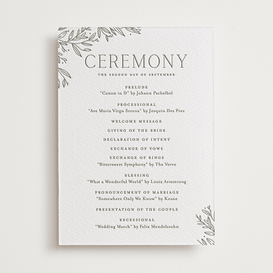 "Beauty of Nature" - Letterpress Wedding Programs in Moss by Oscar and Emma - Karly Depew - Front