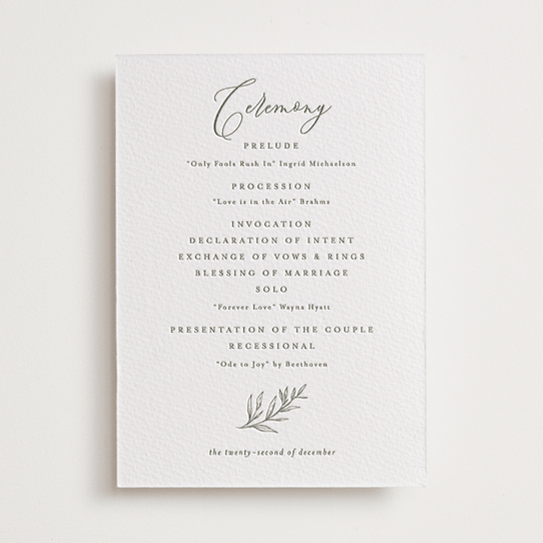 "creme au beurre" - Letterpress Wedding Programs in Moss by chocomocacino - Front