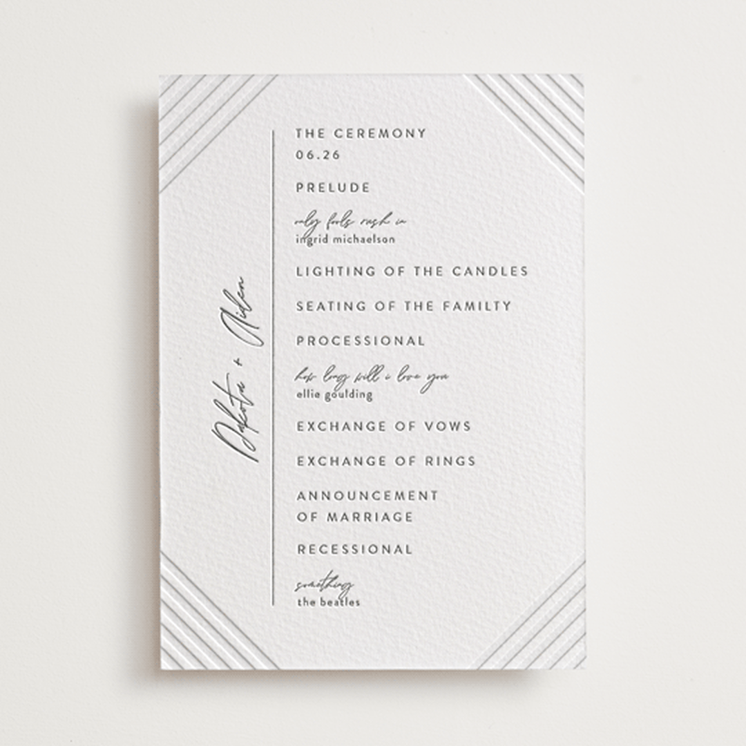 "Art Deco" - Letterpress Wedding Programs in Pewter by Shannon Chen of Four Wet Feet Studio - Front