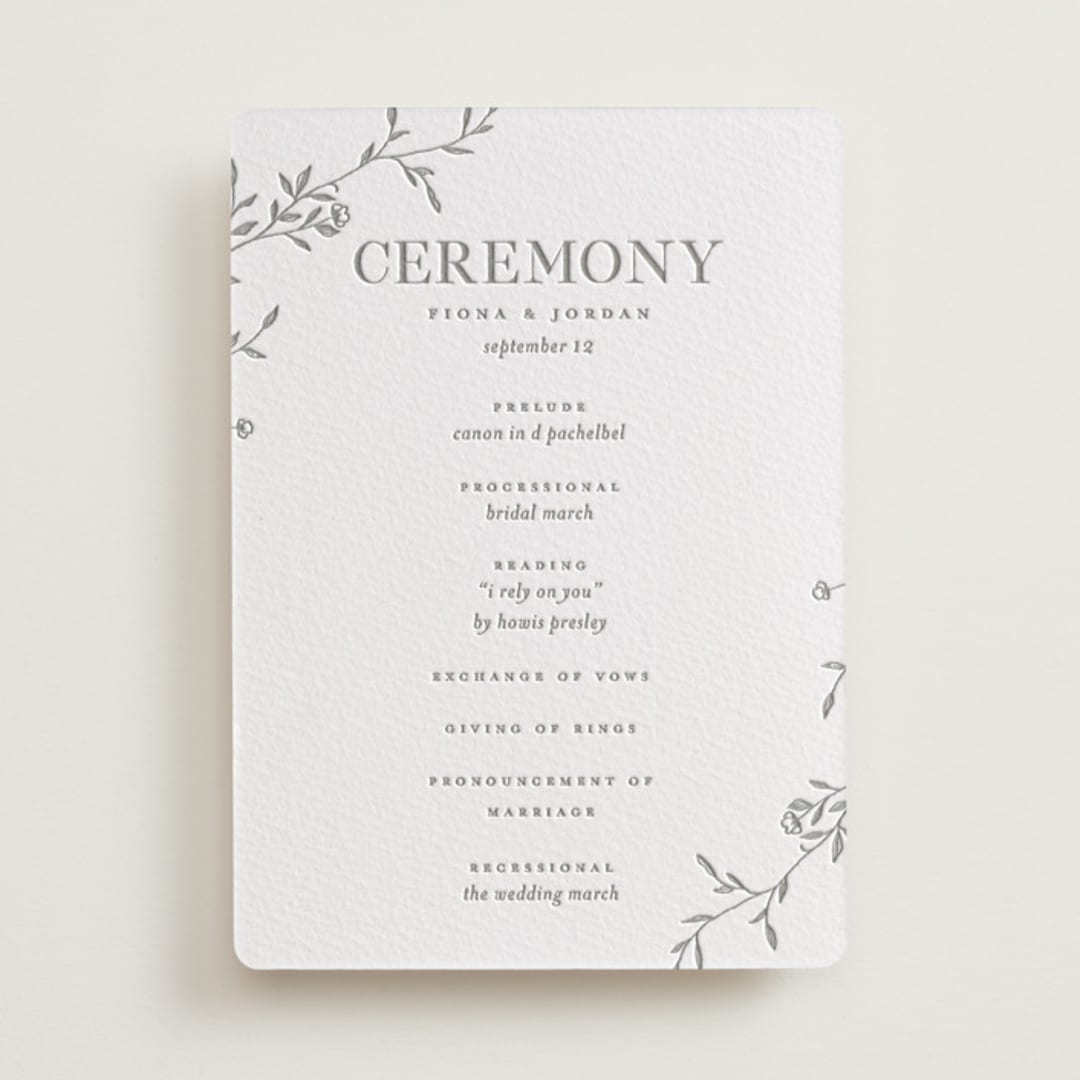 "Jasmine" - Letterpress Wedding Programs in Ash by Vera Lim - Front