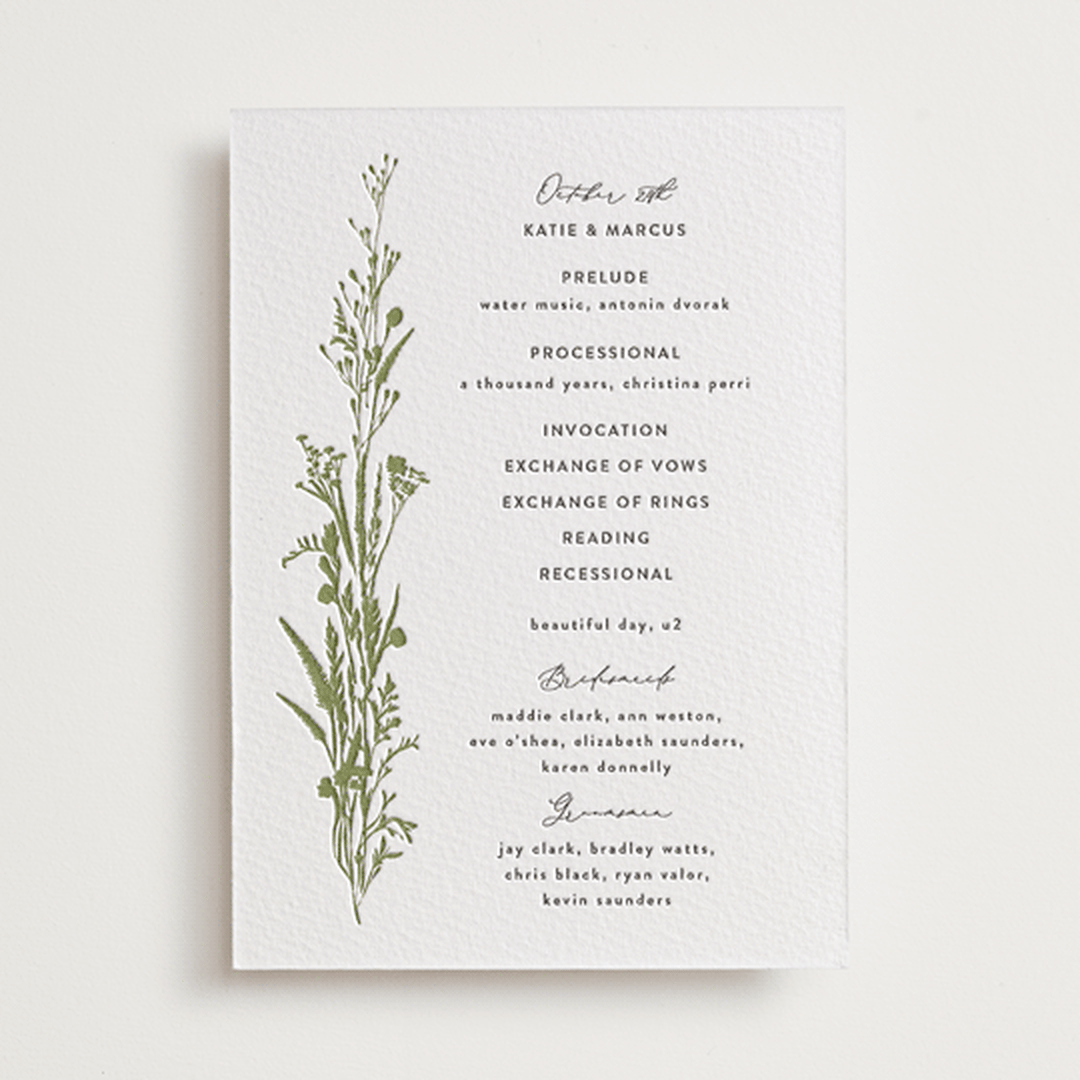 "Gathered" - Letterpress Wedding Programs in Pistachio by Susan Moyal - Front