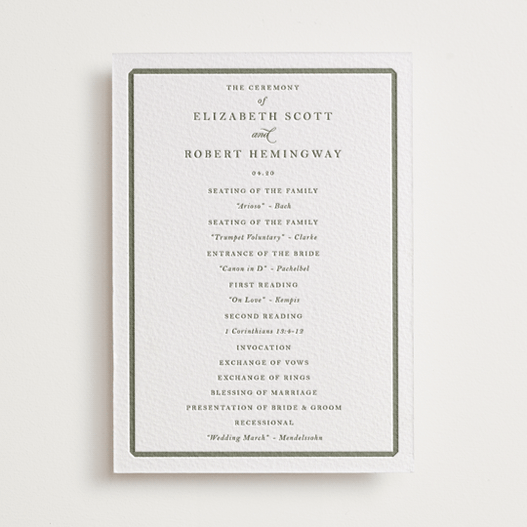 "Bevel" - Letterpress Wedding Programs in Moss by Megan Davis - Front