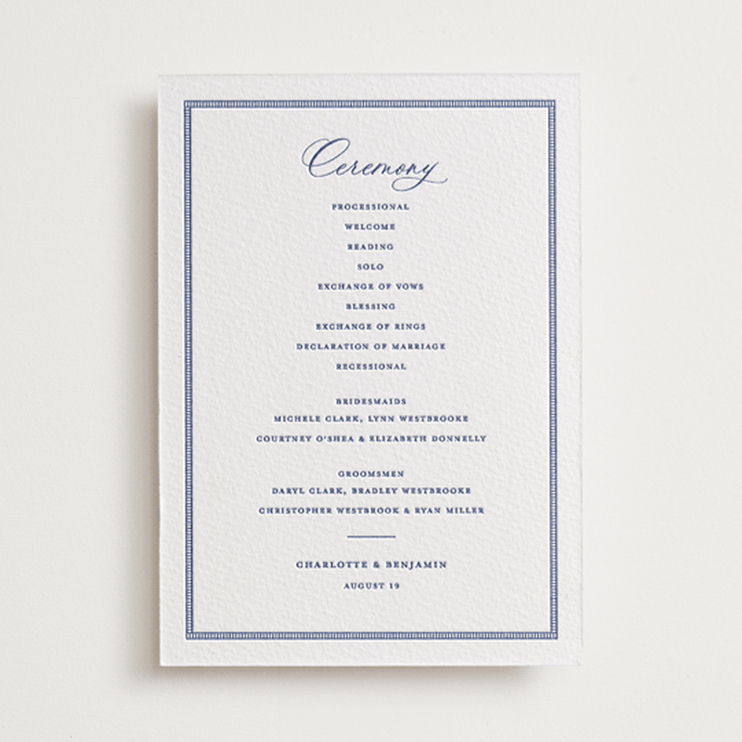 "Starboard" - Letterpress Wedding Programs in Lapis by Pixel and Hank - Front