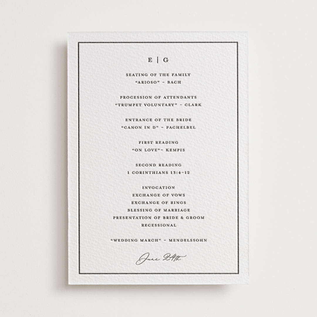 "Heritage" - Letterpress Wedding Programs in Soft Black by Stacey Meacham - Front